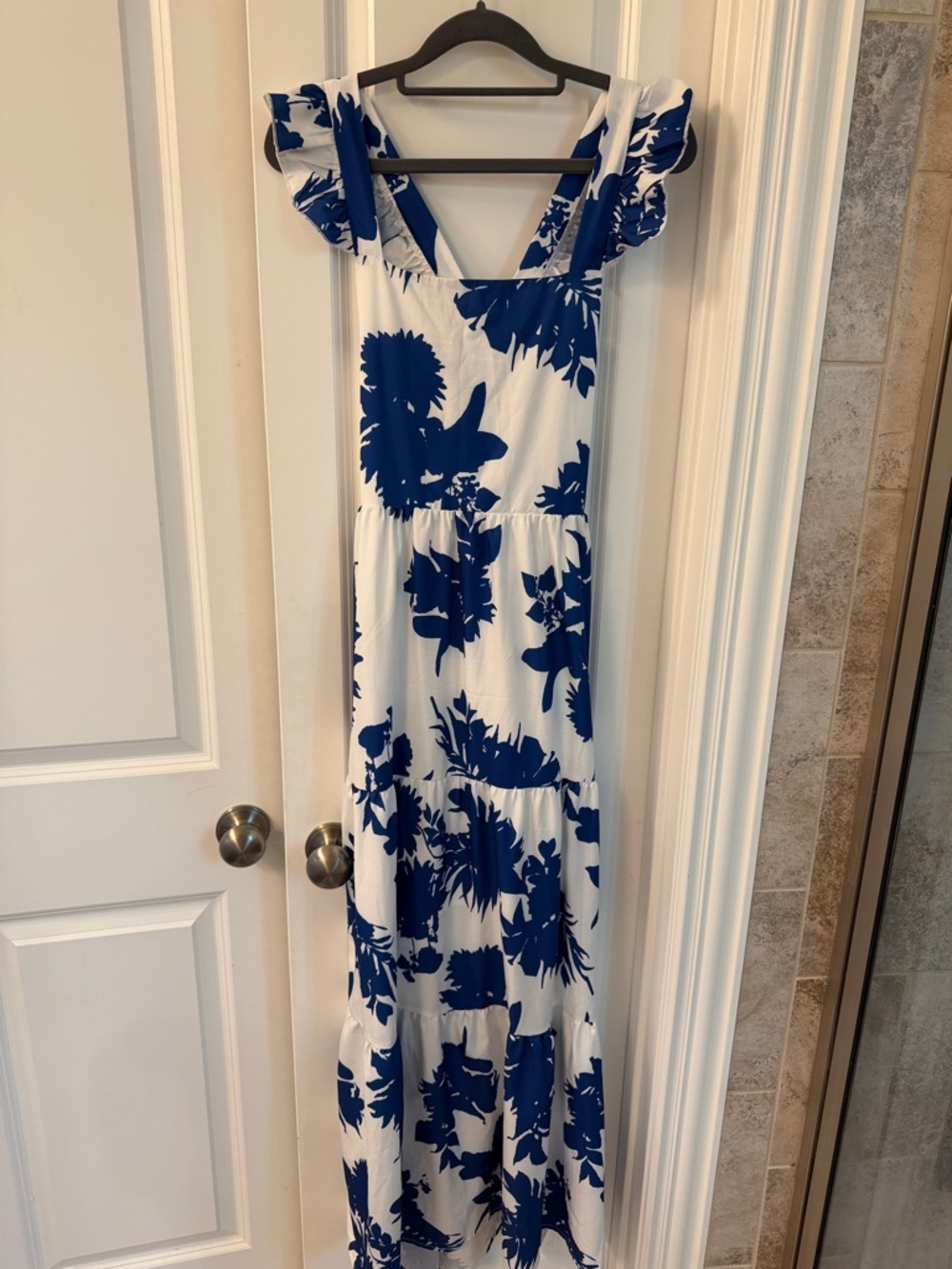 SHEIN White Maxi Dress with Blue Floral Print